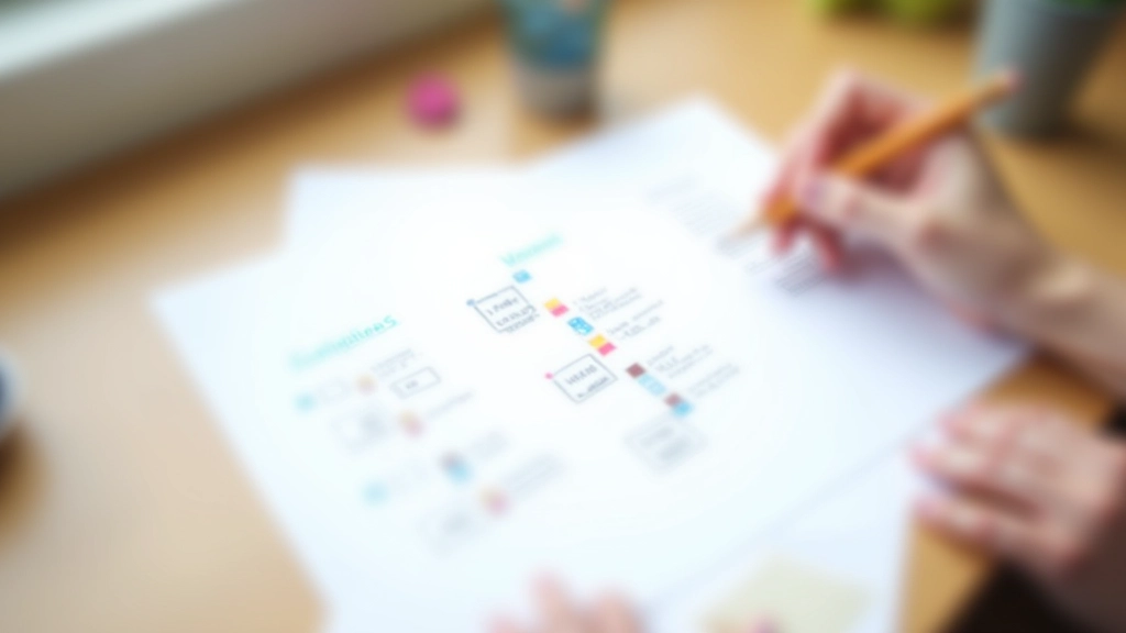 Plano de ação escrito em papel com marcos, gráfico simples, lápis de cor, ambiente criativo, organizado