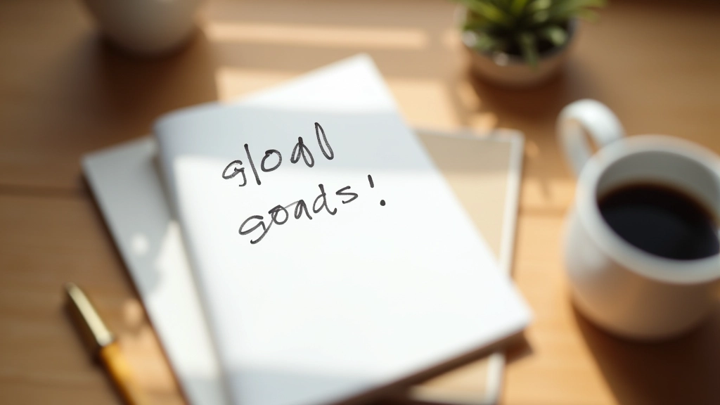 Caderno aberto com objetivos escritos, caneta dourada ao lado, xícara de café, mesa de madeira, luz da manhã