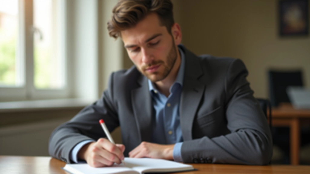 Pessoa em mesa de trabalho escrevendo objetivos em caderno, caneta azul, documentos espalhados, foco natural