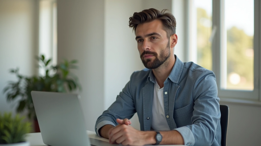 Pessoa em ambiente de trabalho, meditando, luz natural suave, ambiente calmo e focado, desenvolvimento pessoal