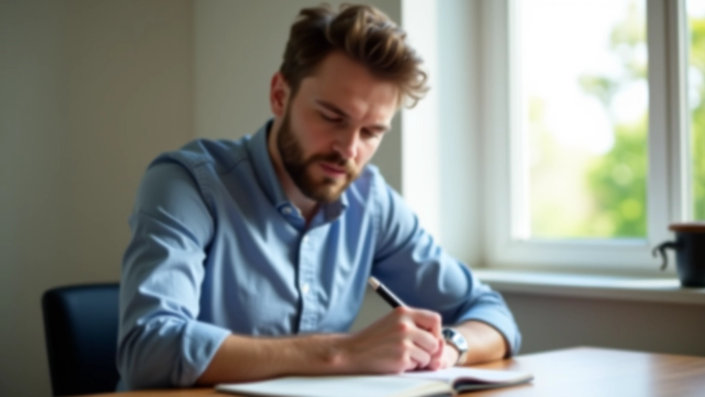 Pessoa escrevendo em notebook, objetivo definido no papel, ambiente focado e organizado