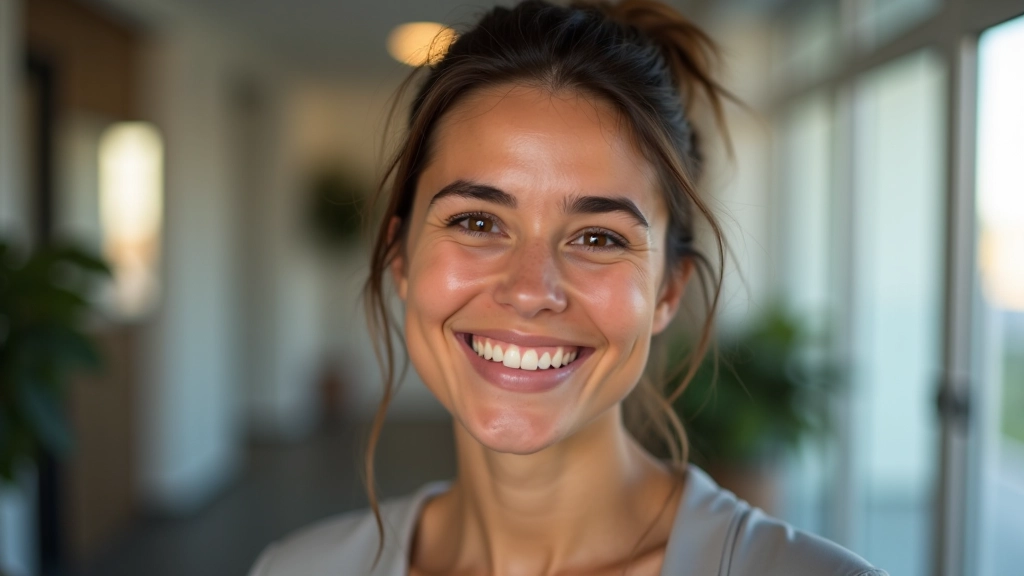 Pessoa celebrando conquista, sorriso genuíno, gesto de vitória, momento de sucesso e alegria, ambiente luminoso