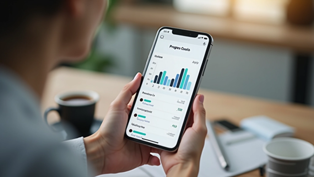 Aplicativo de rastreamento em tela de celular, gráficos de progresso visíveis, métricas e estatísticas claras, dashboard moderno