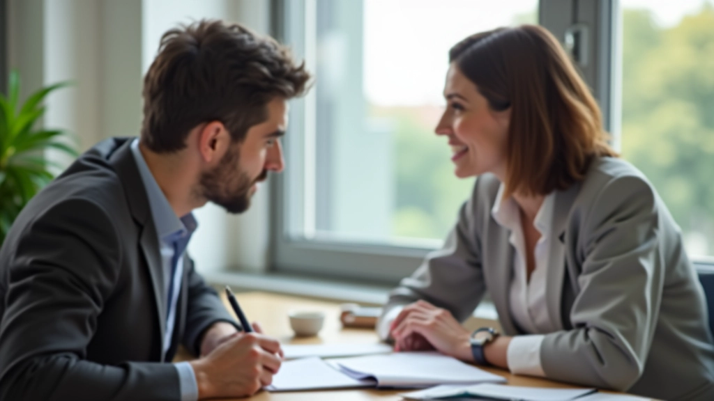 Duas pessoas em reunião, conversando sobre metas, anotações em papel sobre mesa, ambiente de trabalho colaborativo