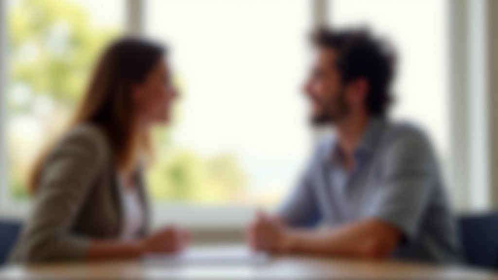 Duas pessoas sentadas, conversando informalmente, sorrindo, ambiente casual, janela com luz natural ao fundo, confiança e abertura