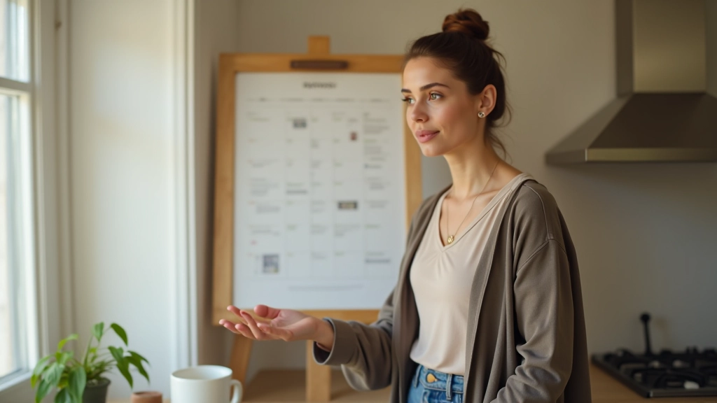 Mulher com café na mão olhando para calendário na parede, anotações em post-its, ambiente luminoso de escritório em casa