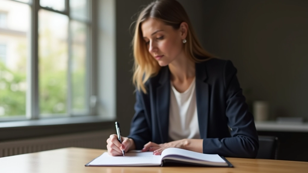 Mulher sentada à mesa de trabalho, notebook aberto, caneta na mão, anotações visíveis, luz natural, ambiente de trabalho limpo