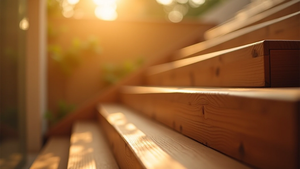 Escadas pequenas subindo gradualmente, foco em passos individuais, iluminação clara, superfície em madeira, símbolo de progressão