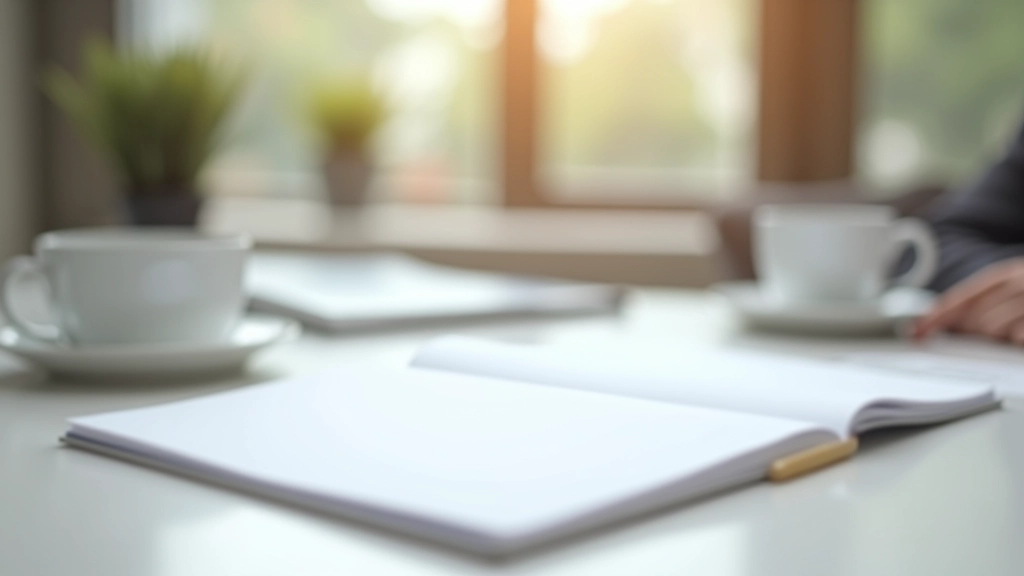 Mesa de trabalho com materiais de planejamento, objetivos escritos, ambiente profissional claro e organizado, luz natural